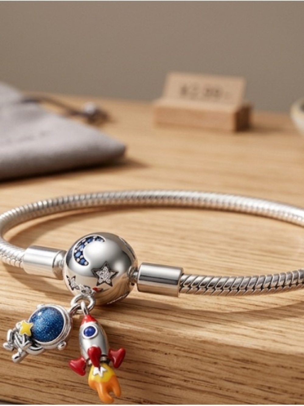 Space Rocket Charm Bracelet - Silver with Red, Blue & Yellow Accents - Picture 3 of 3